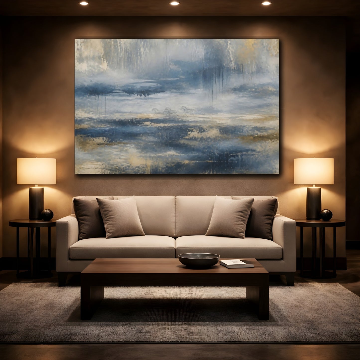 Mockup 2. Blue Gold Running Horses shown as canvas print