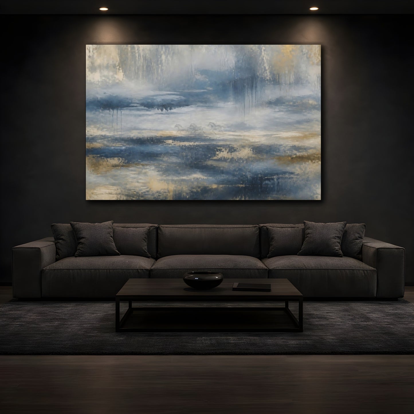Mockup 3. Blue Gold Running Horses shown as canvas print