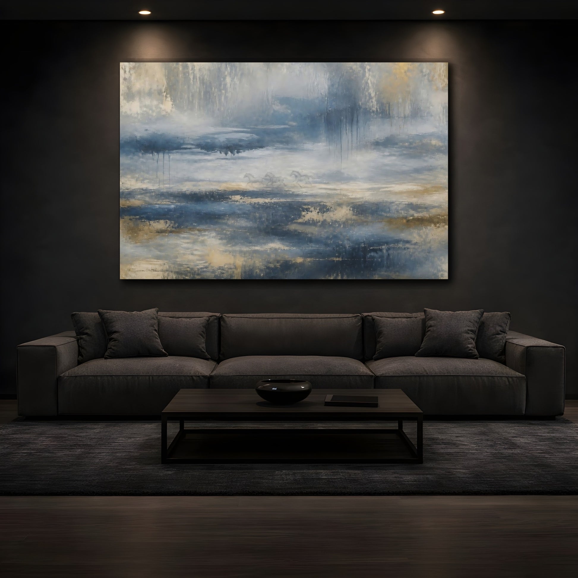 Mockup 3. Blue Gold Running Horses shown as canvas print