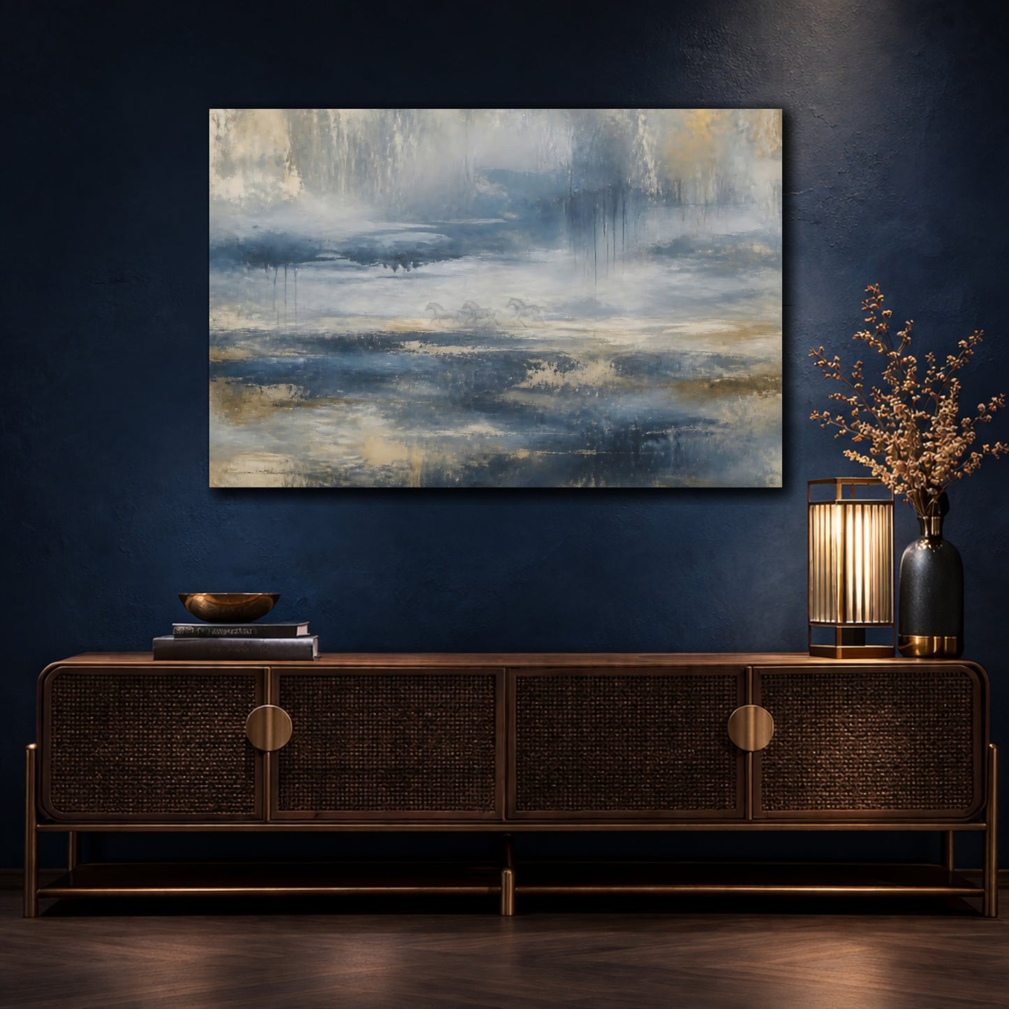 Mockup 4. Blue Gold Running Horses shown as canvas print