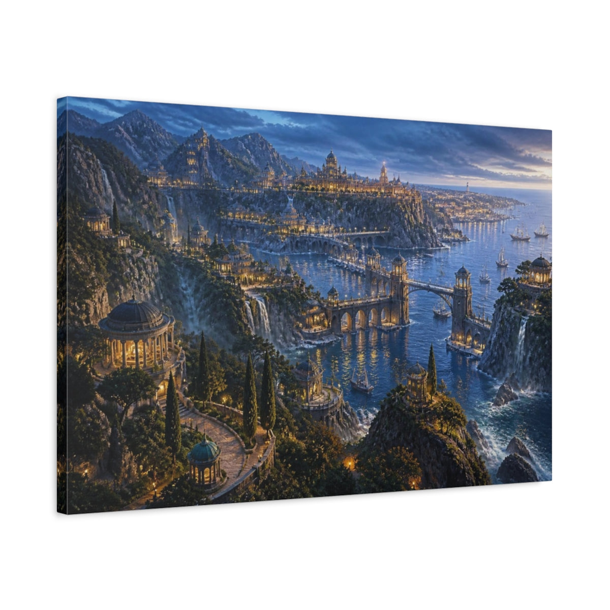 Side Mockup 2. Blue Hour Coastal Empire shown as canvas print