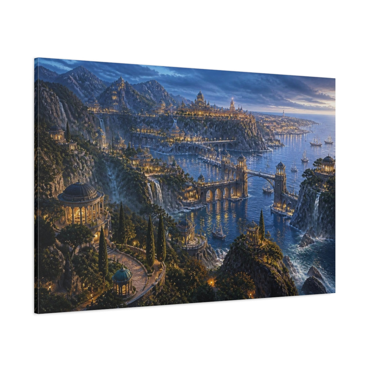 Side Mockup 1. Blue Hour Coastal Empire shown as canvas print