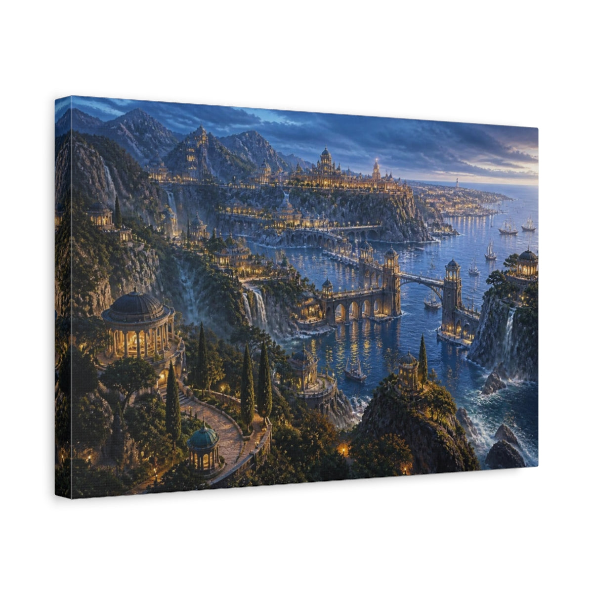 Side Mockup 4. Blue Hour Coastal Empire shown as canvas print