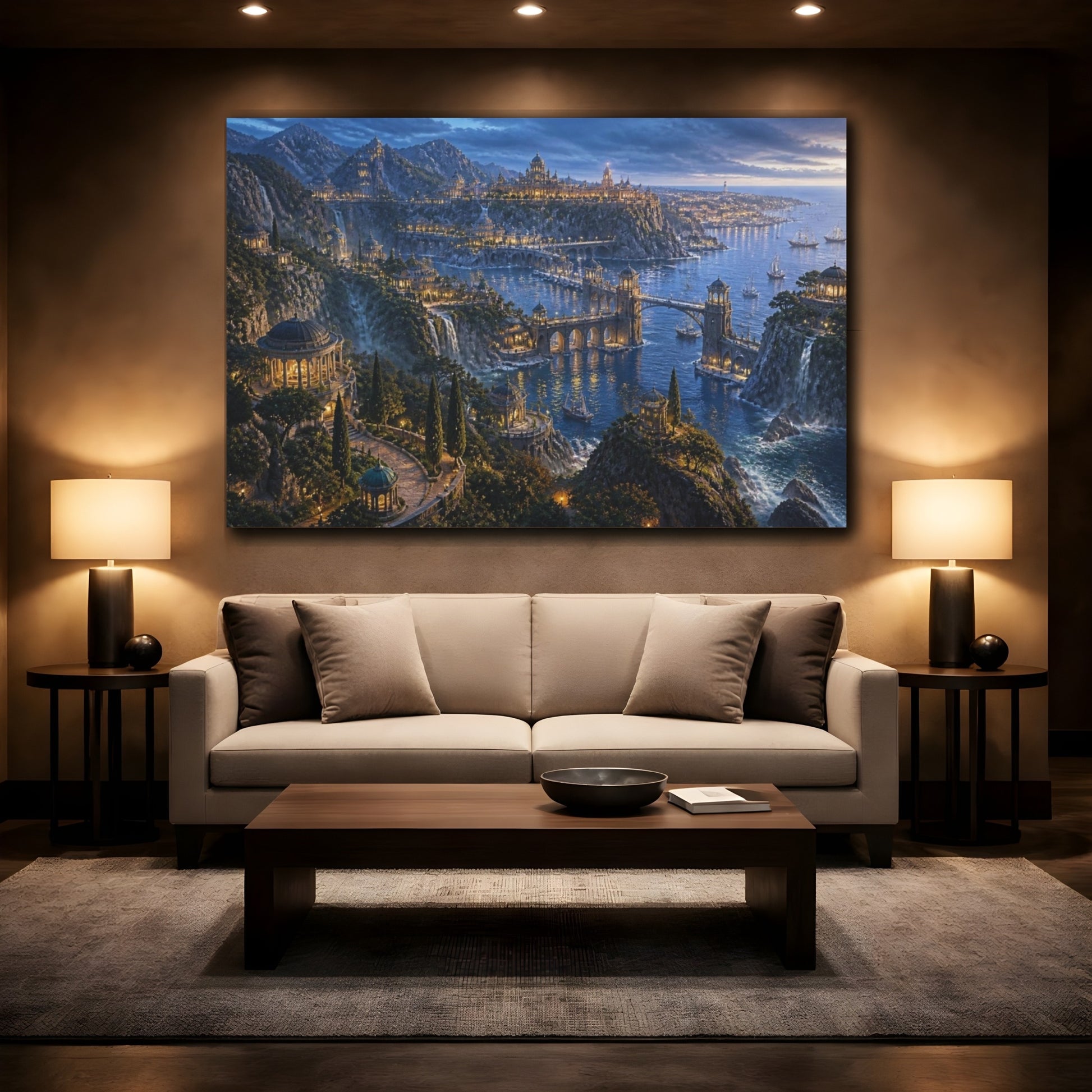 Mockup 2. Blue Hour Coastal Empire shown as canvas print