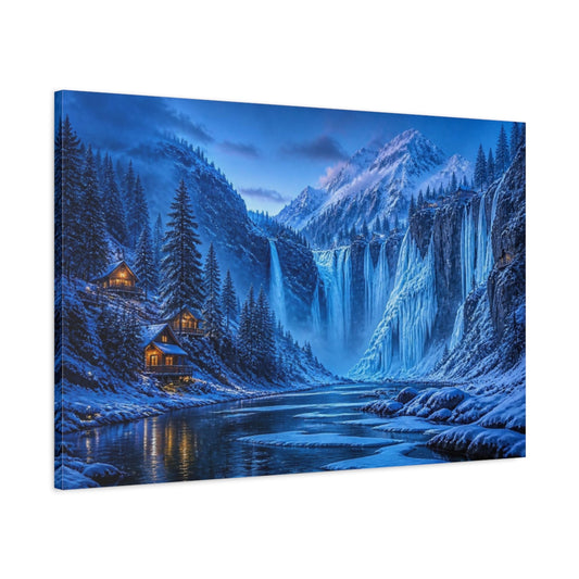 Main Mockup. Blue Hour Frozen Waterfalls shown as canvas print