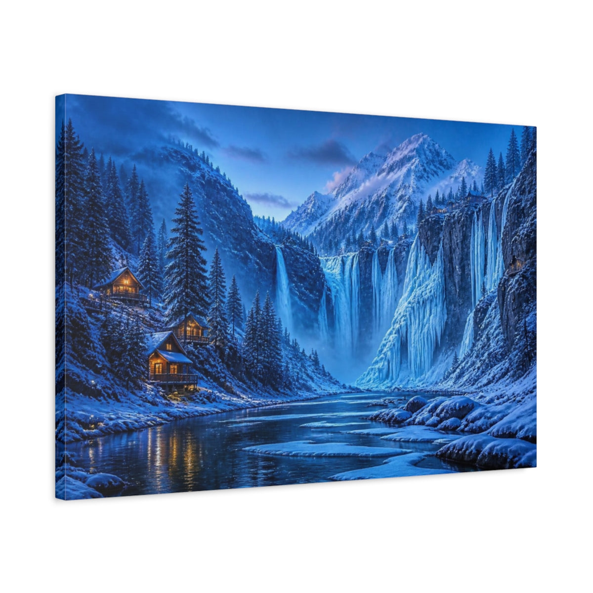 Side Mockup 2. Blue Hour Frozen Waterfalls shown as canvas print