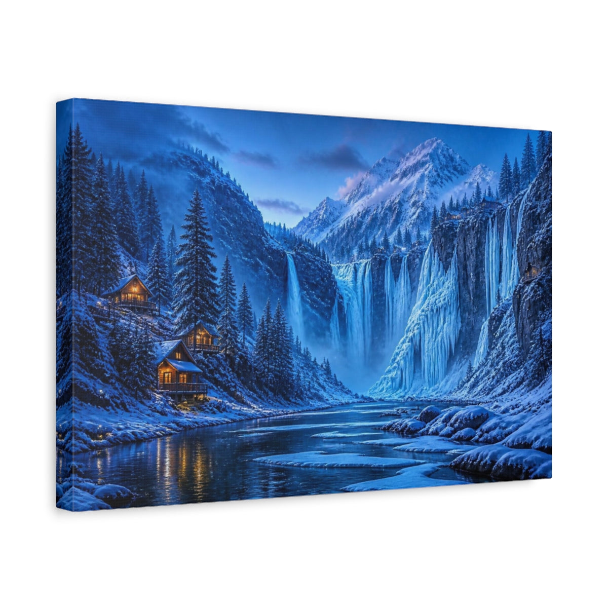 Side Mockup 4. Blue Hour Frozen Waterfalls shown as canvas print