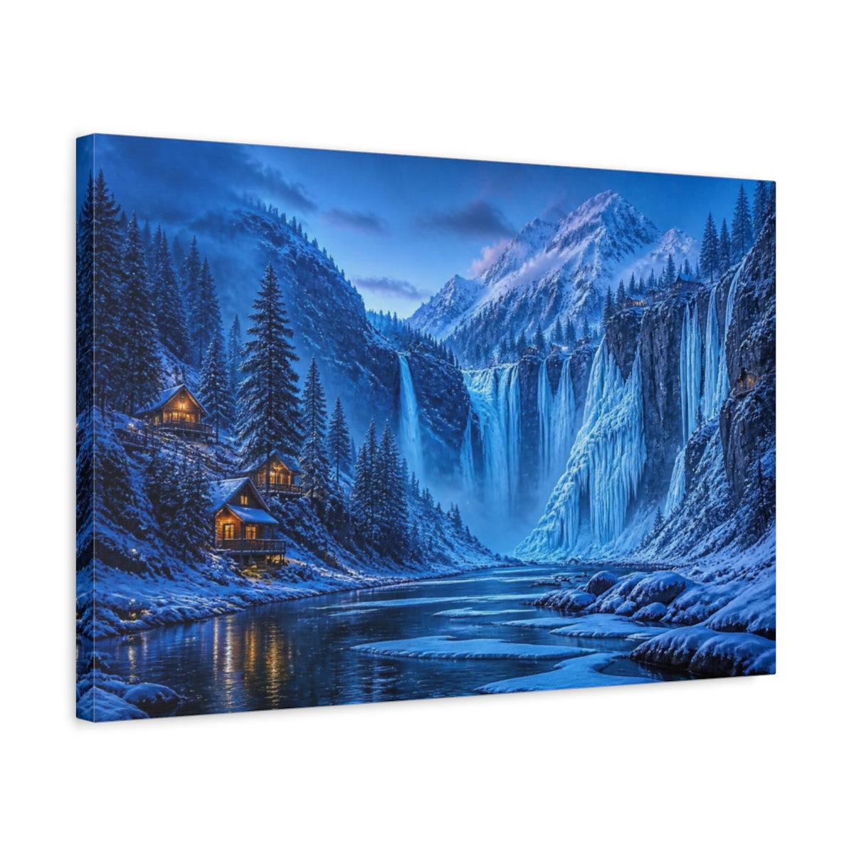 Side Mockup 3. Blue Hour Frozen Waterfalls shown as canvas print