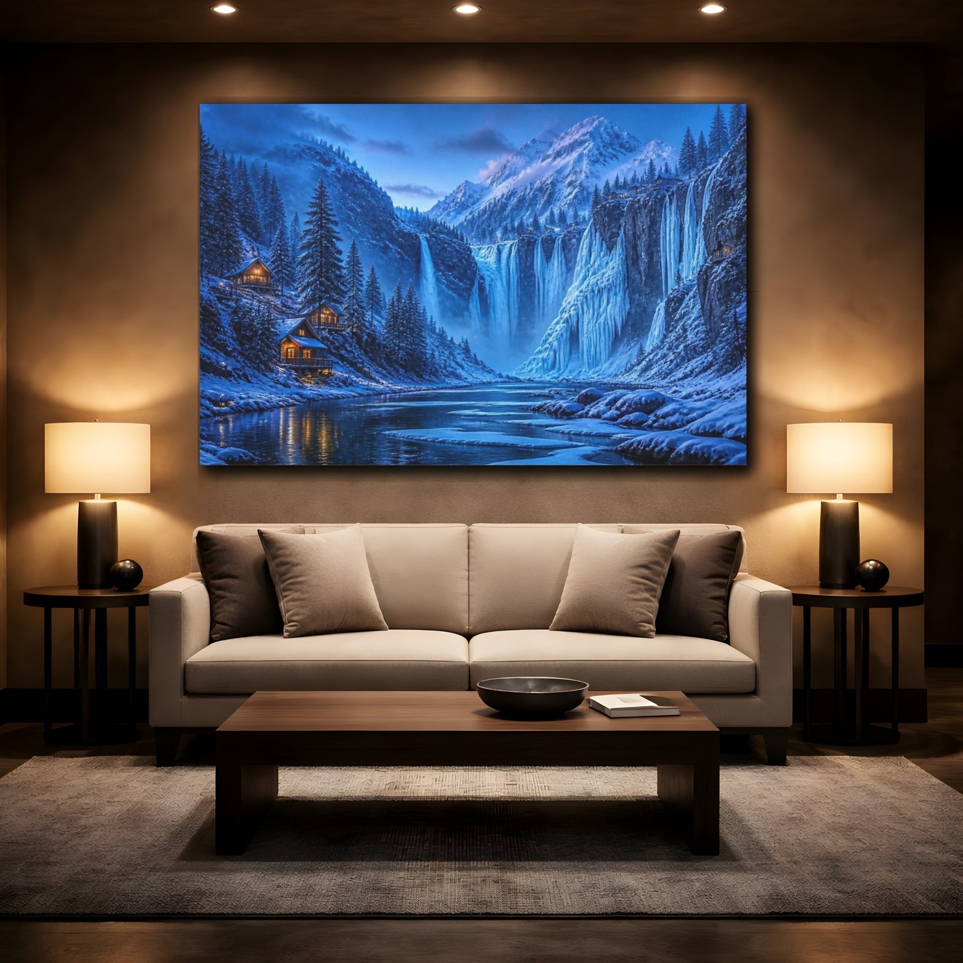 Mockup 2. Blue Hour Frozen Waterfalls shown as canvas print