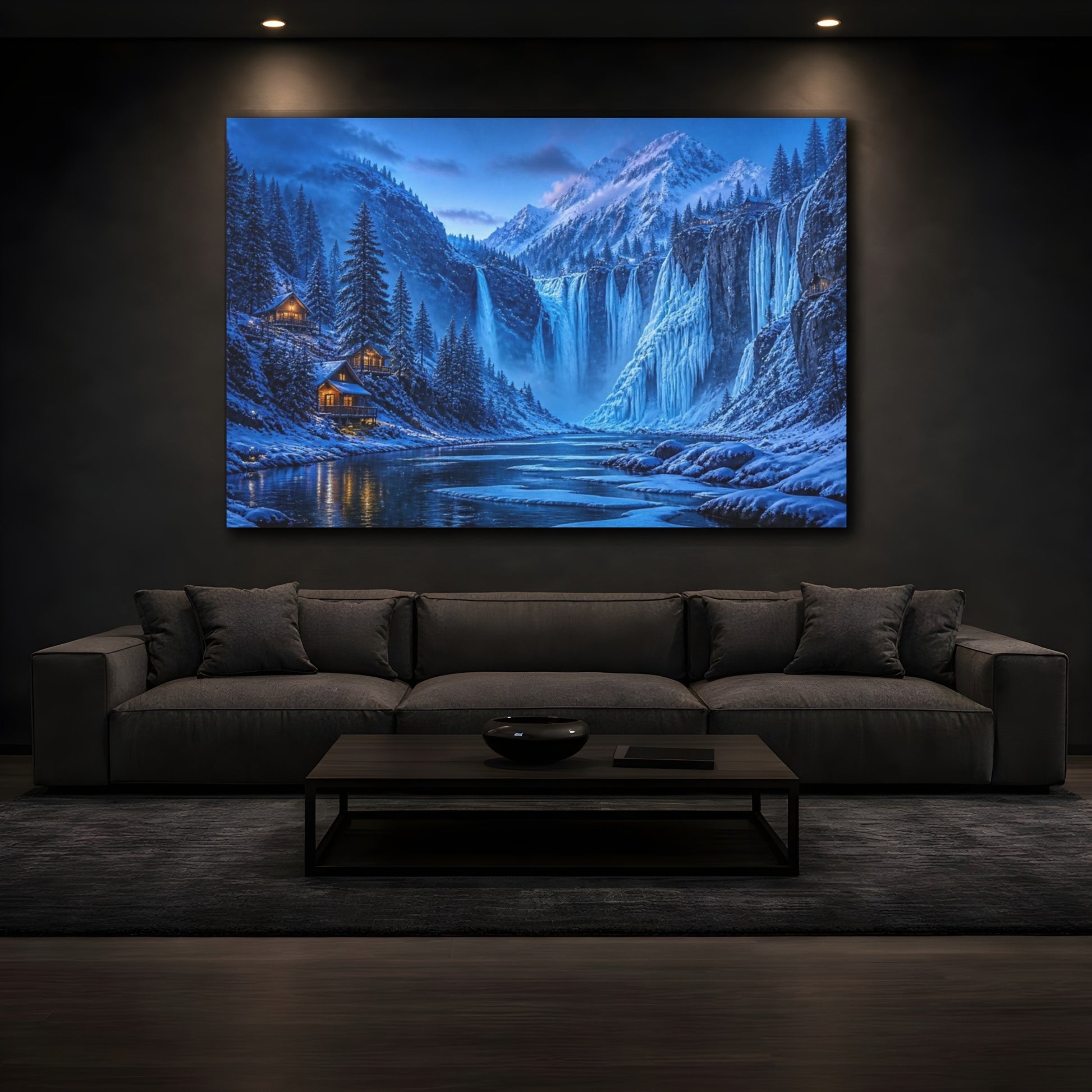 Mockup 3. Blue Hour Frozen Waterfalls shown as canvas print