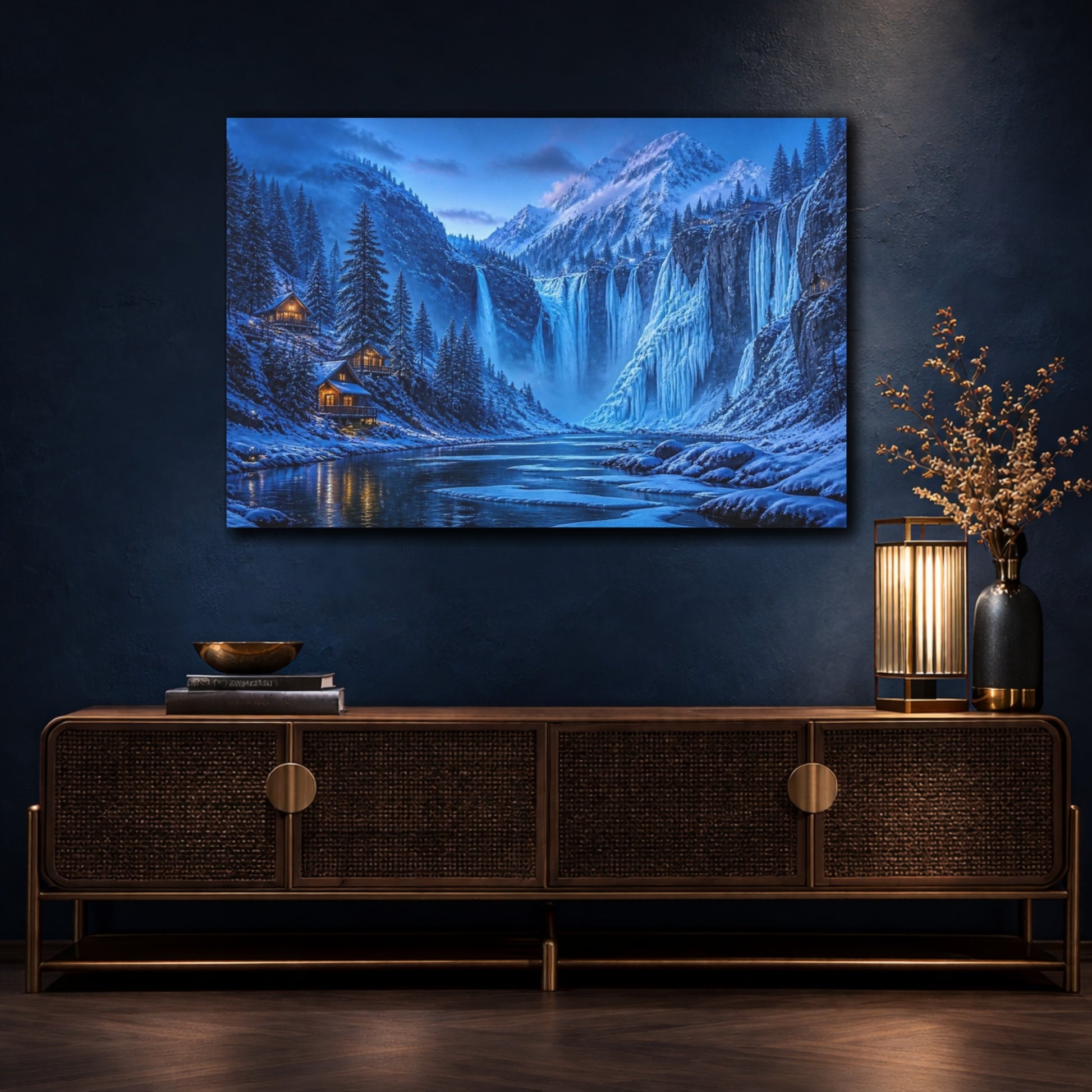 Mockup 4. Blue Hour Frozen Waterfalls shown as canvas print