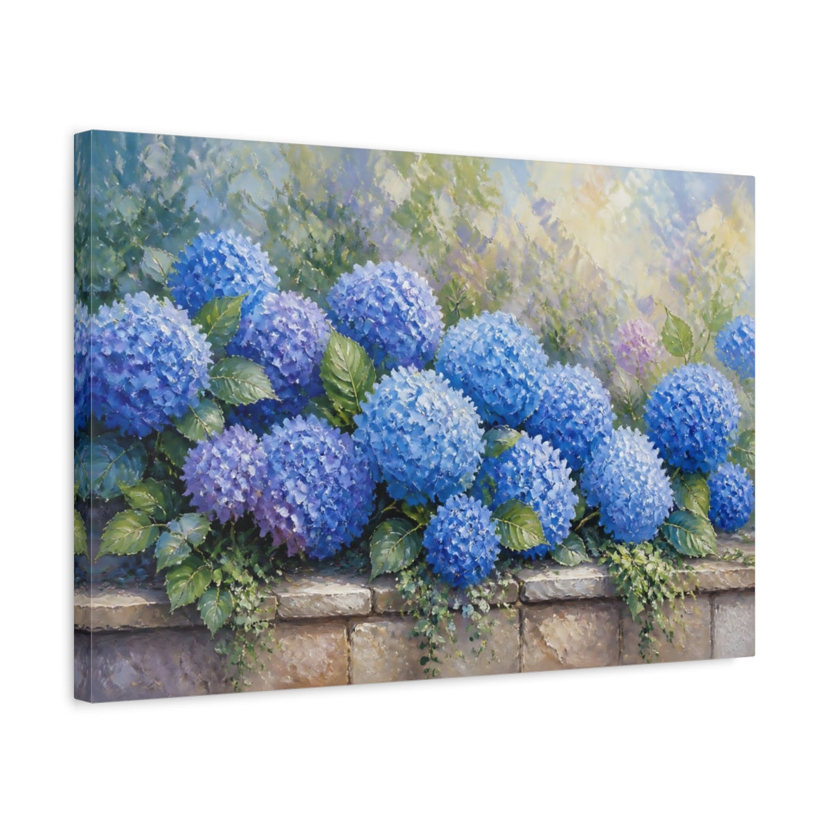 Side Mockup 3. Blue Hydrangea Floral shown as canvas print