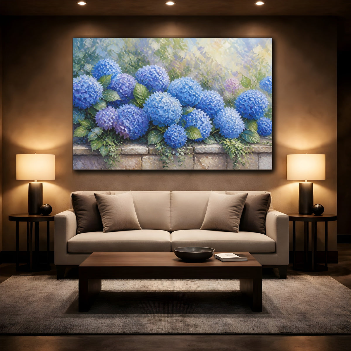 Mockup 2. Blue Hydrangea Floral shown as canvas print
