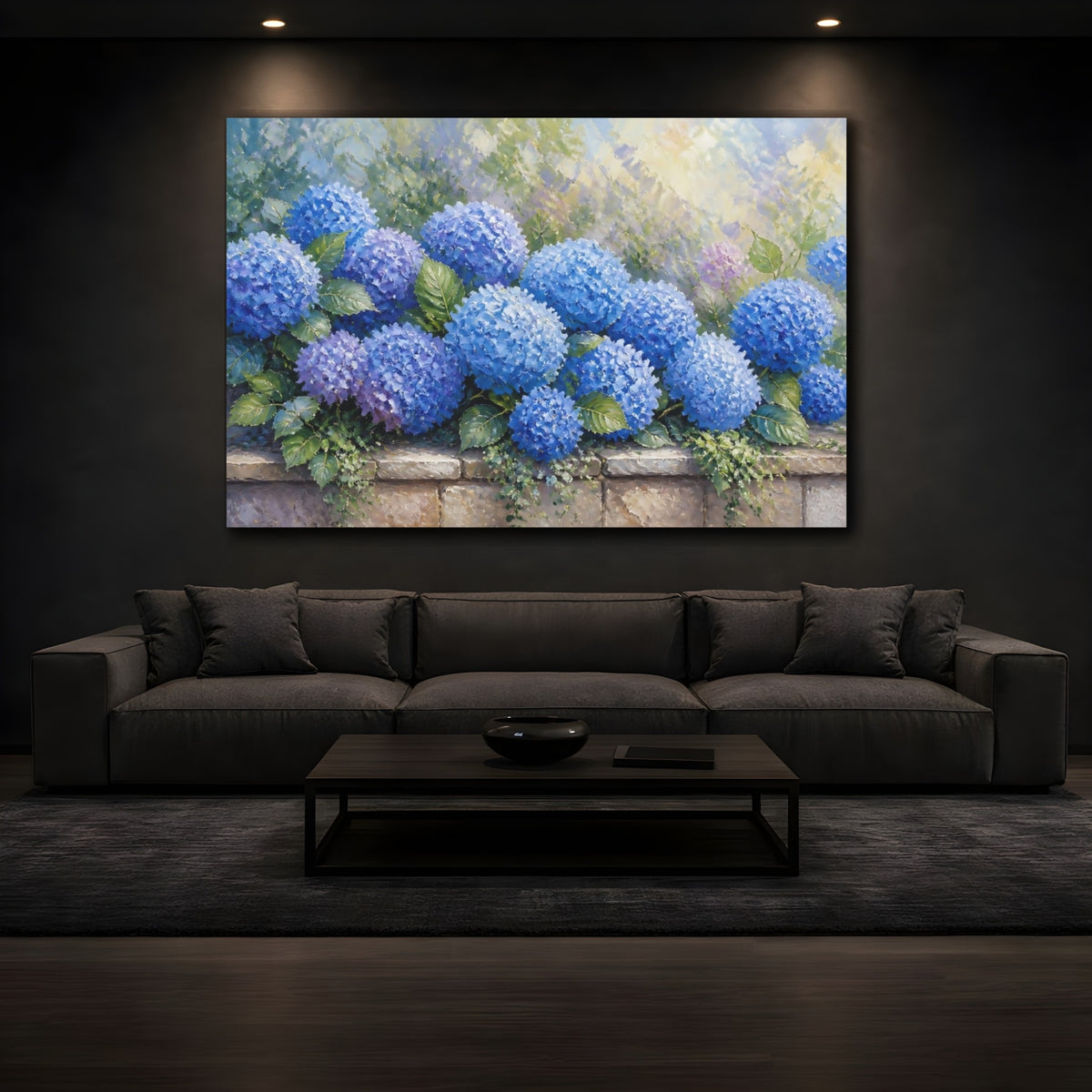 Mockup 3. Blue Hydrangea Floral shown as canvas print