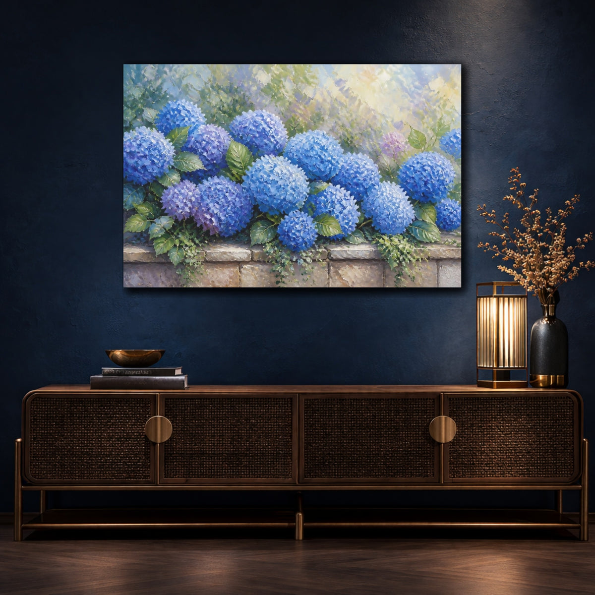 Mockup 4. Blue Hydrangea Floral shown as canvas print
