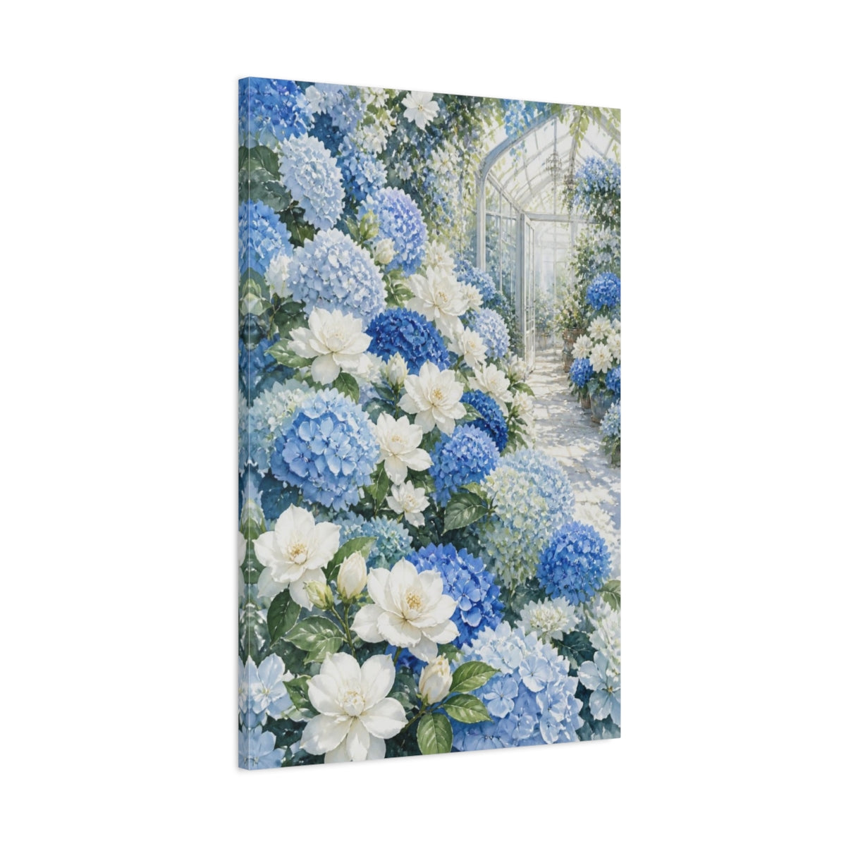 Main Mockup. Blue Hydrangea Flowers shown as canvas print