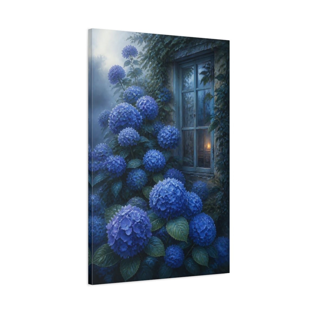 Main Mockup. Blue Hydrangea Flowers shown as canvas print