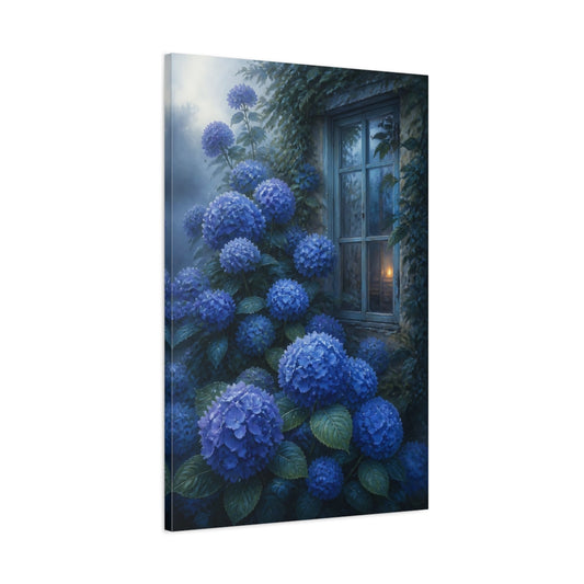 Main Mockup. Blue Hydrangea Flowers shown as canvas print