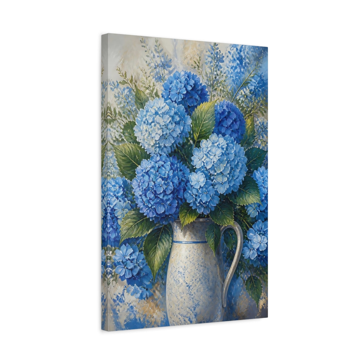 Side Mockup 3. Blue Hydrangea Flowers shown as canvas print