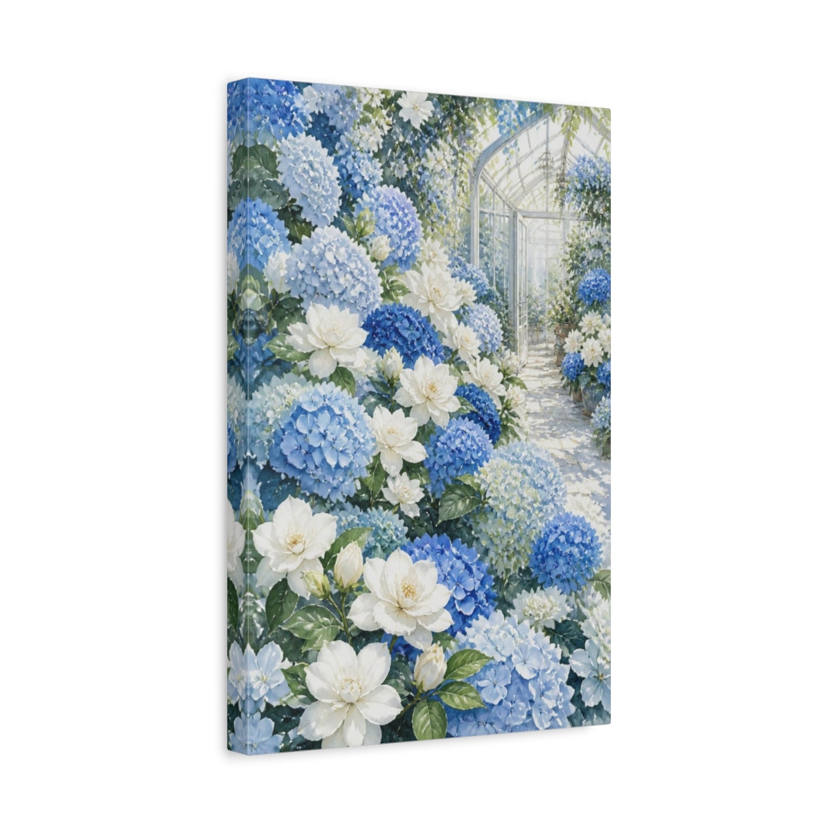 Side Mockup 4. Blue Hydrangea Flowers shown as canvas print