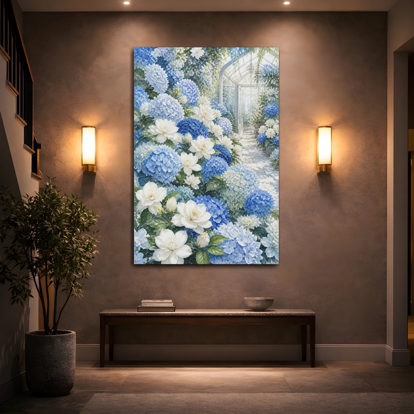Mockup 2. Blue Hydrangea Flowers shown as canvas print