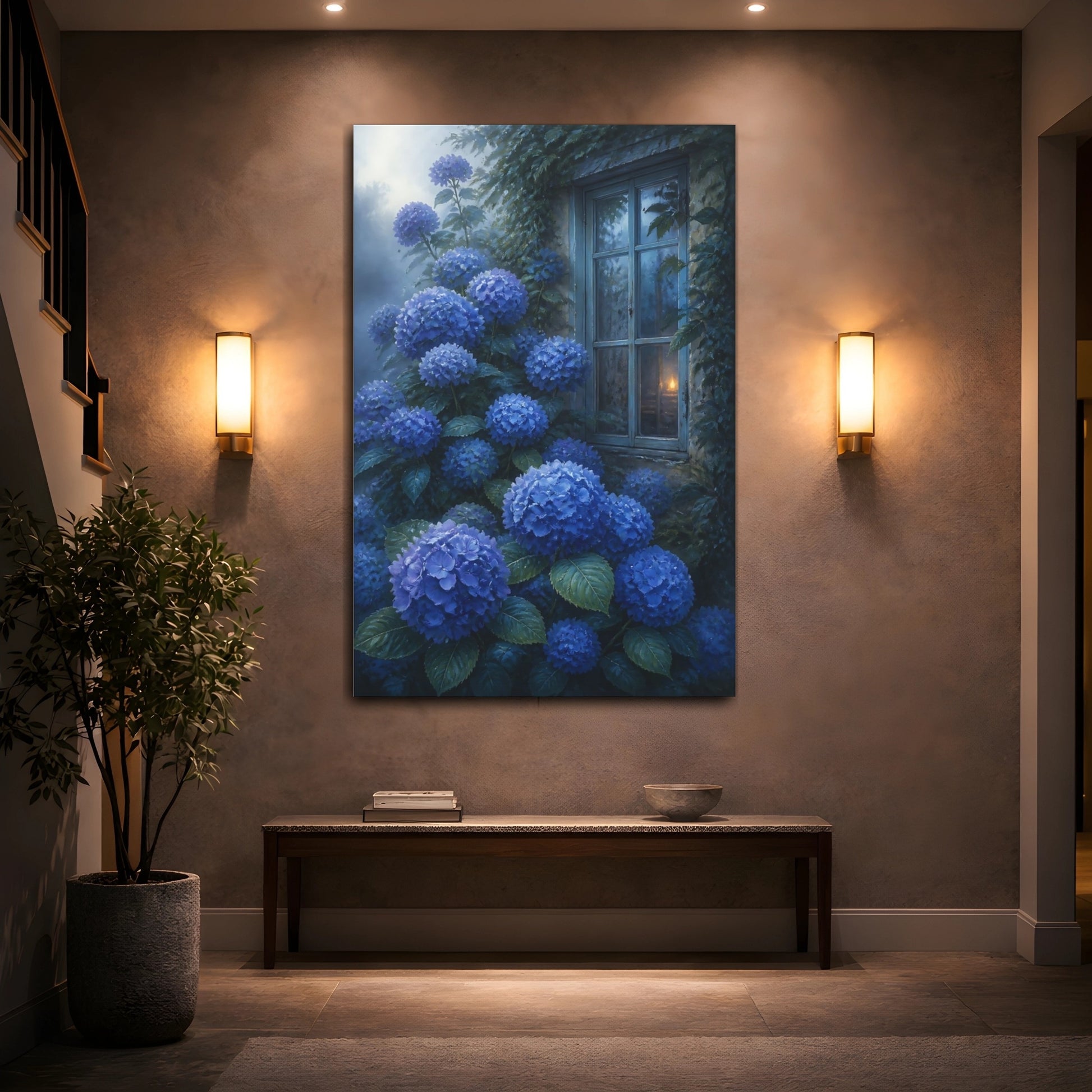 Mockup 2. Blue Hydrangea Flowers shown as canvas print