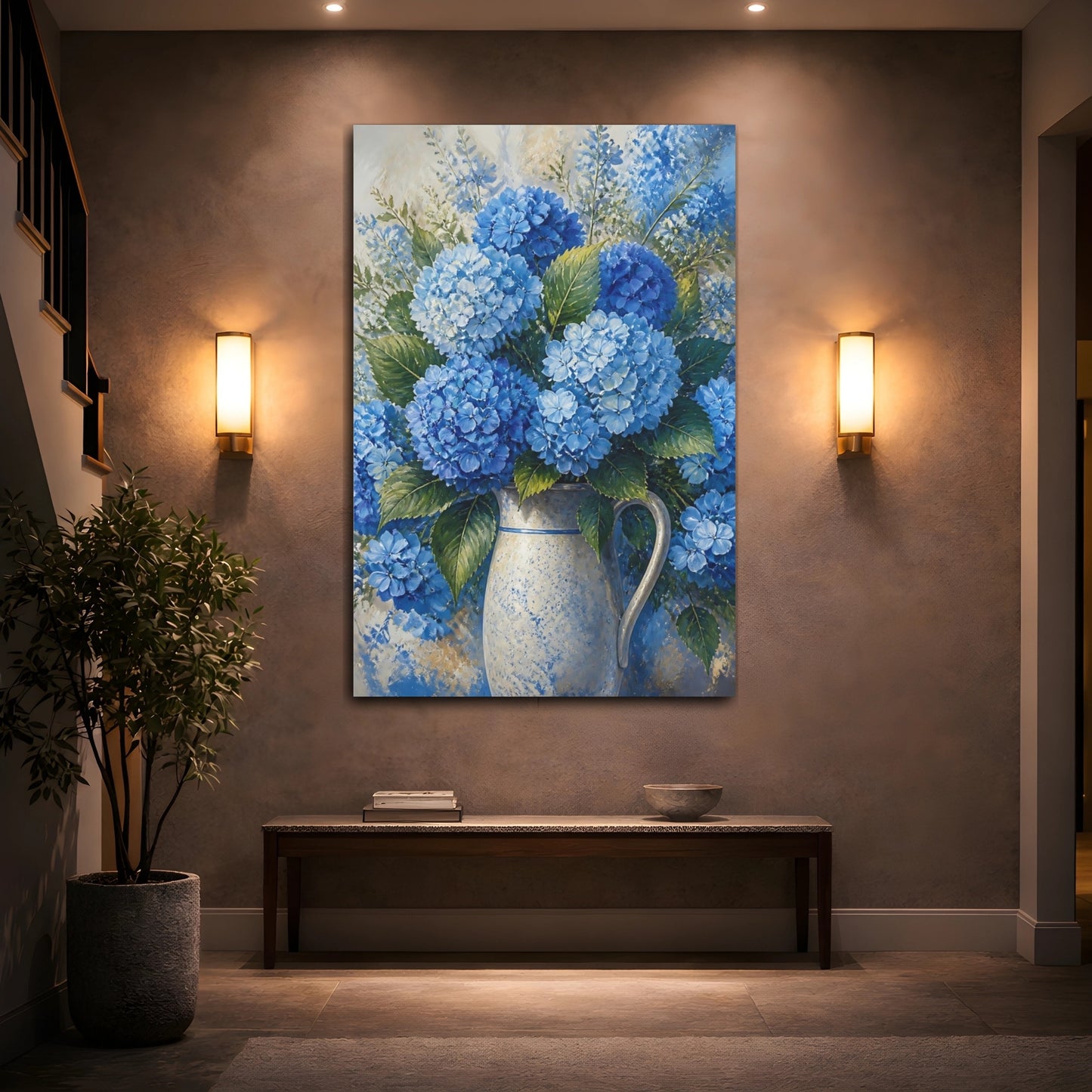 Mockup 2. Blue Hydrangea Flowers shown as canvas print