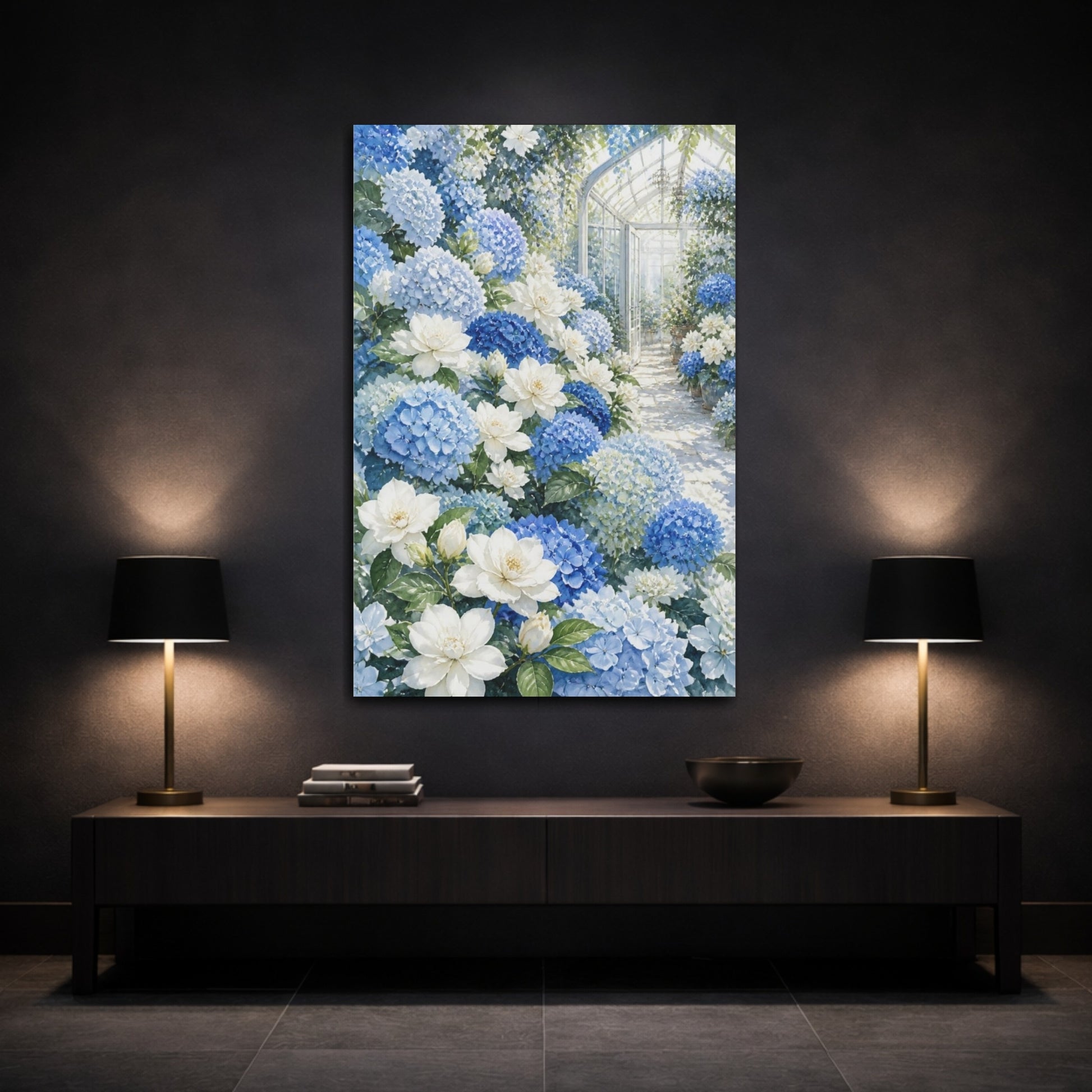 Mockup 3. Blue Hydrangea Flowers shown as canvas print