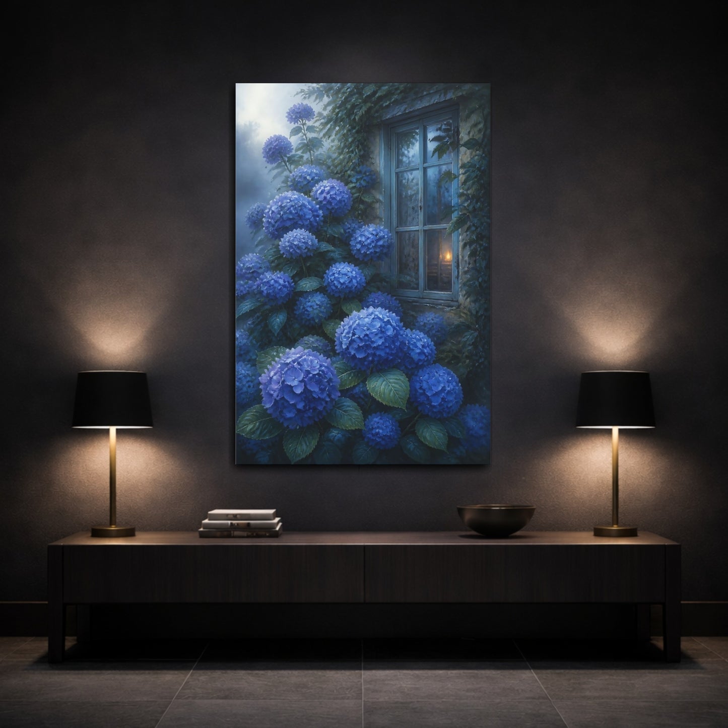 Mockup 3. Blue Hydrangea Flowers shown as canvas print