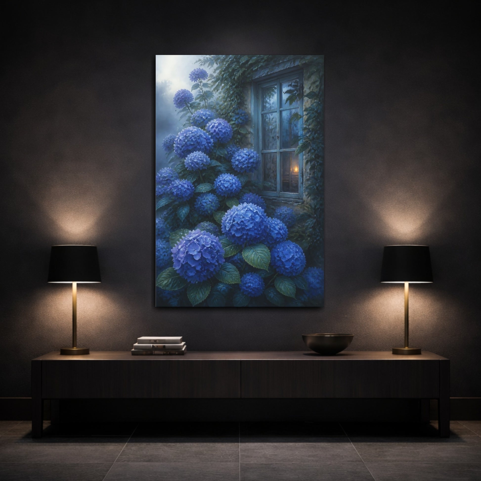 Mockup 3. Blue Hydrangea Flowers shown as canvas print