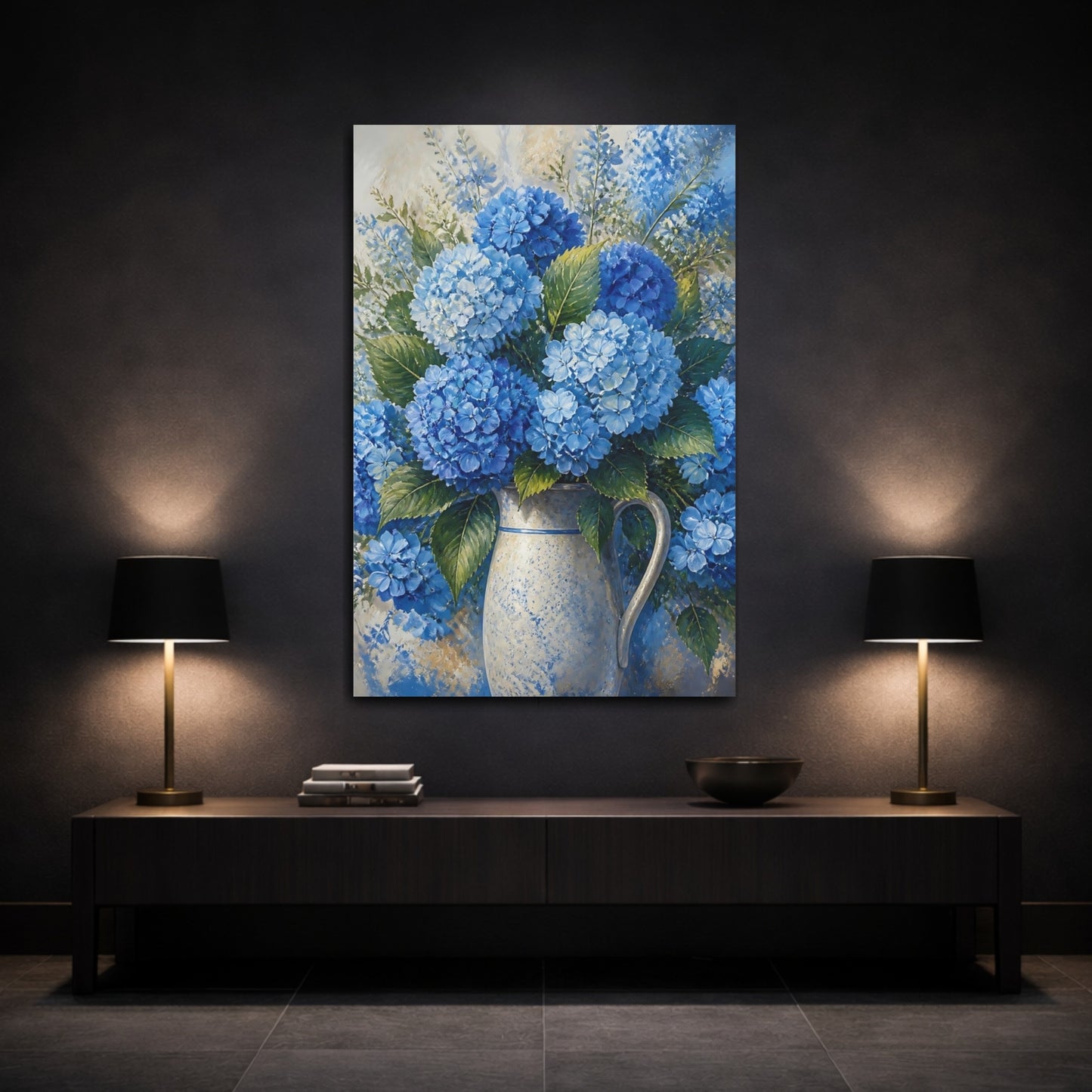 Mockup 3. Blue Hydrangea Flowers shown as canvas print