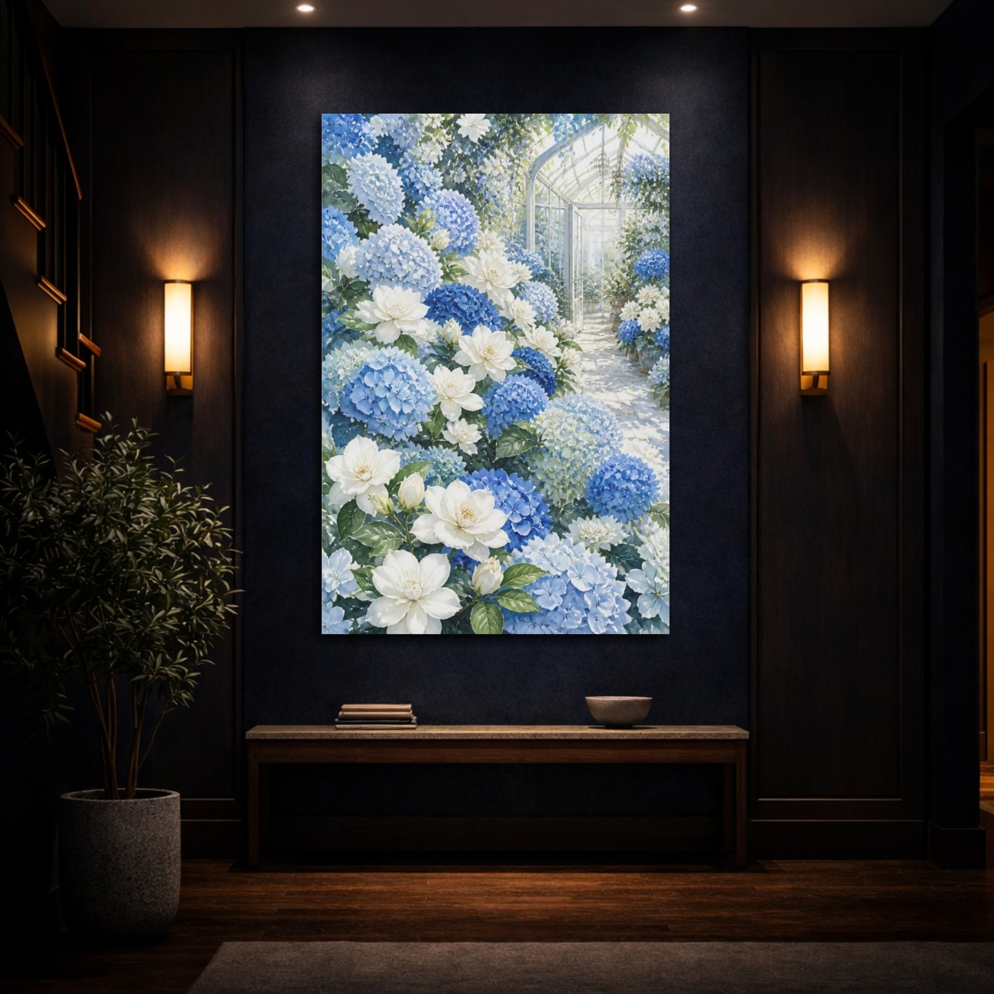 Mockup 4. Blue Hydrangea Flowers shown as canvas print