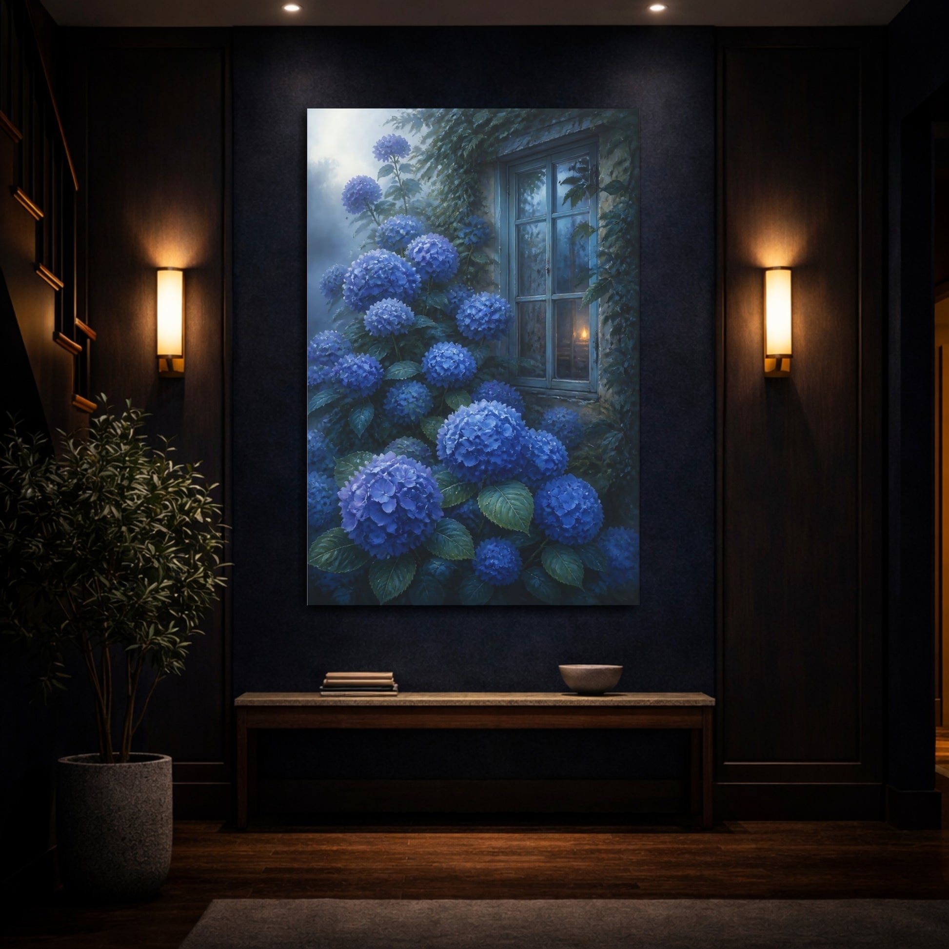 Mockup 4. Blue Hydrangea Flowers shown as canvas print