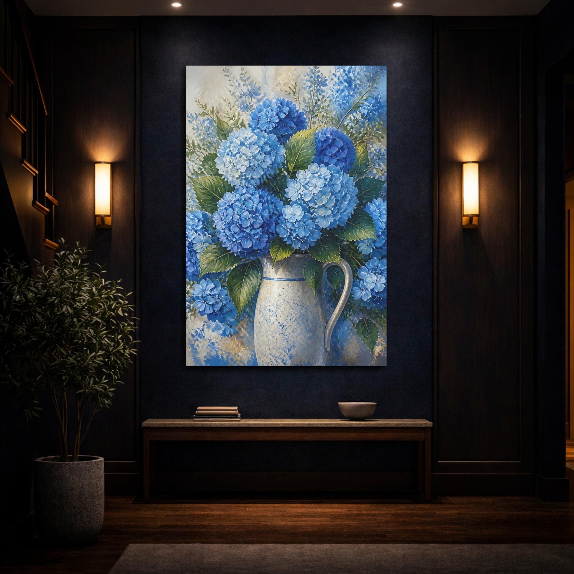 Mockup 4. Blue Hydrangea Flowers shown as canvas print