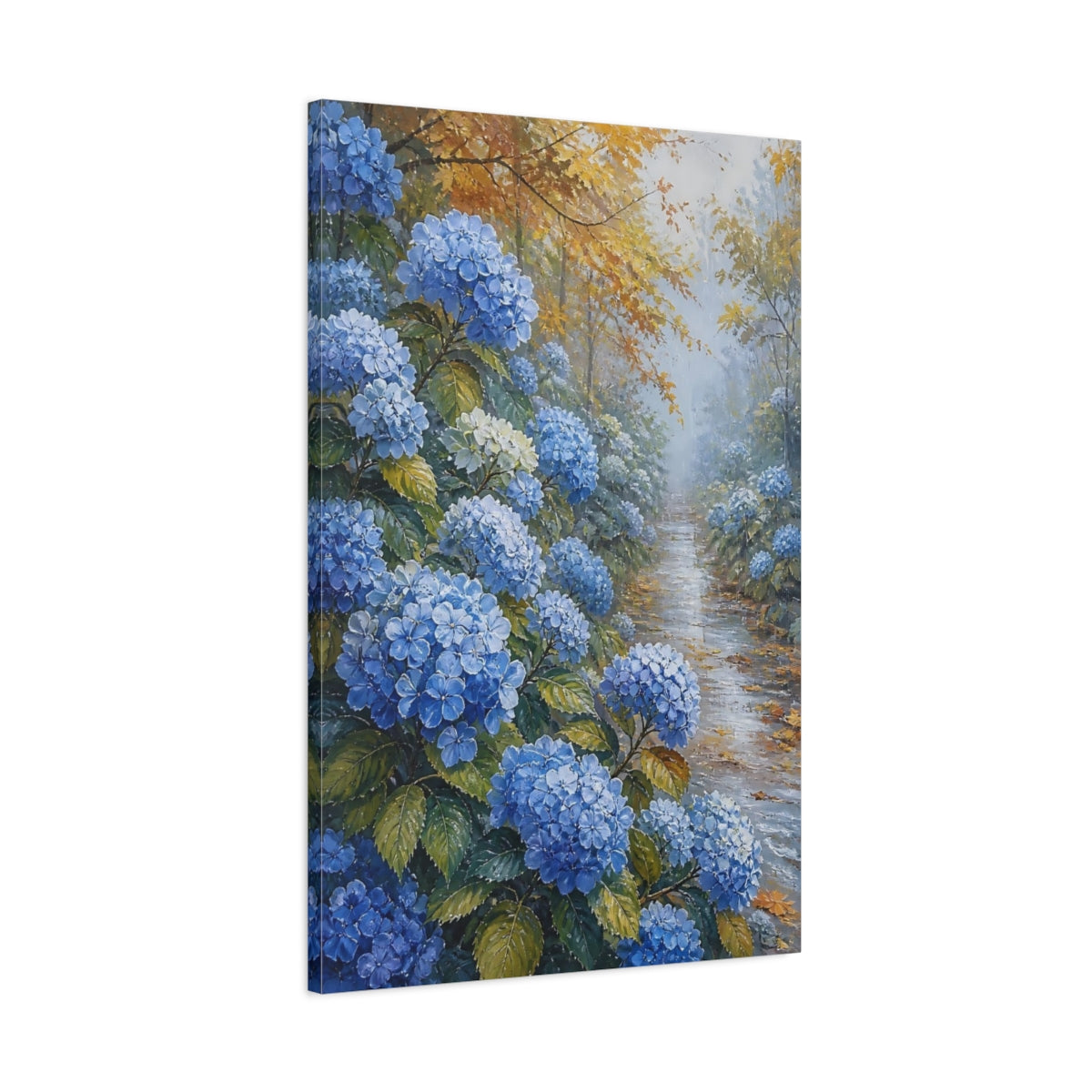 Main Mockup. Blue Hydrangea Garden Path shown as canvas print