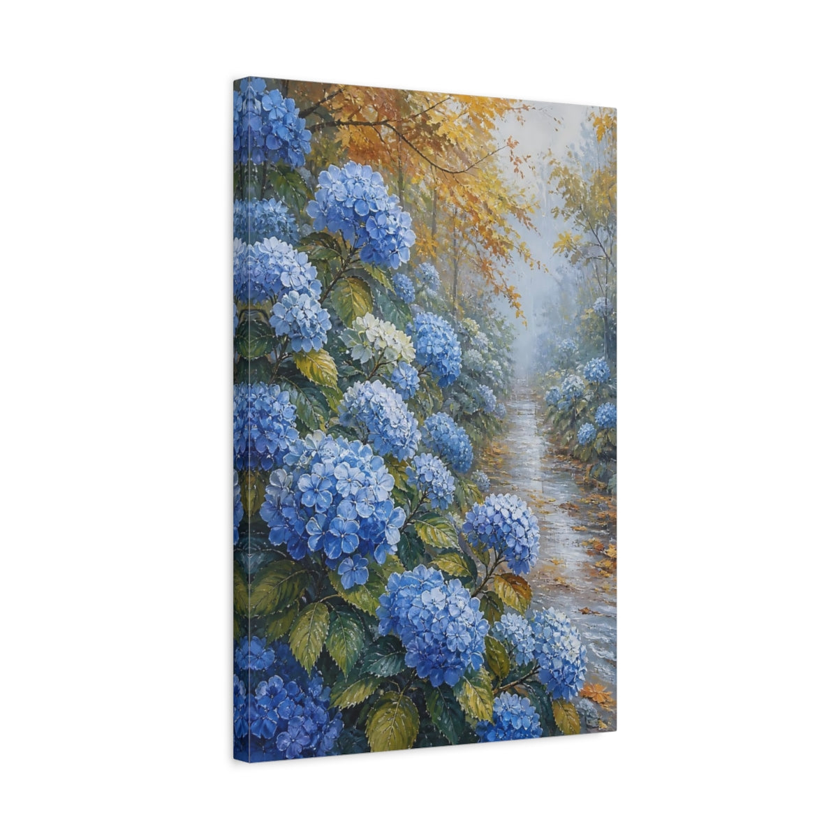 Side Mockup 3. Blue Hydrangea Garden Path shown as canvas print