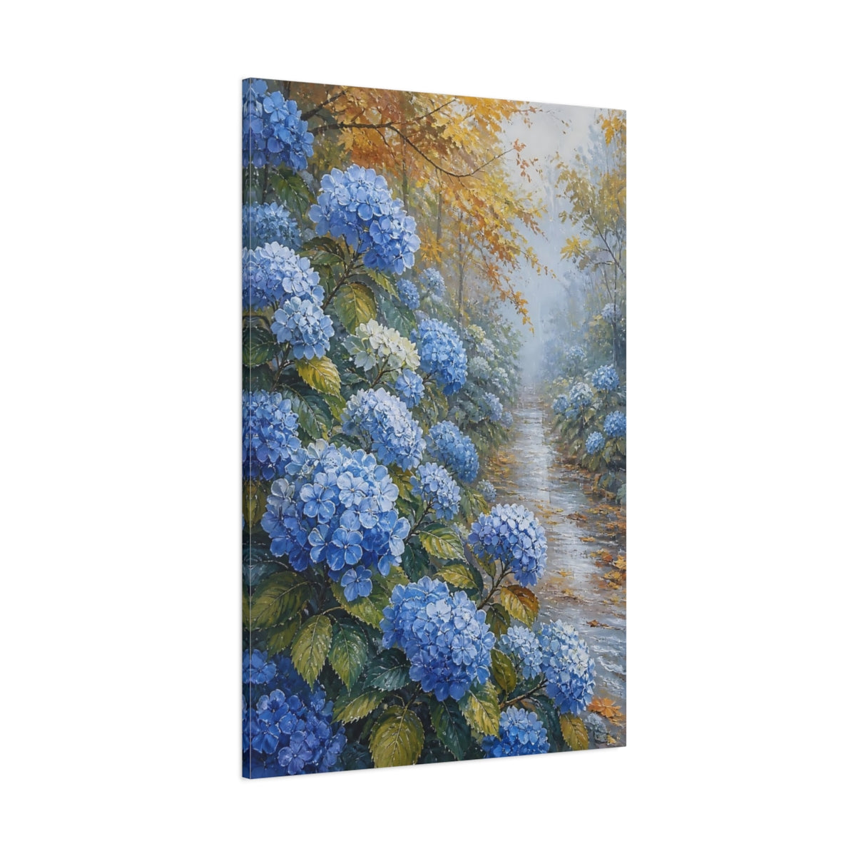 Side Mockup 1. Blue Hydrangea Garden Path shown as canvas print