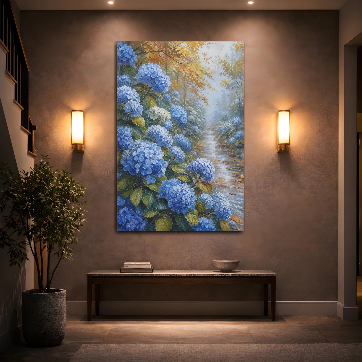 Mockup 2. Blue Hydrangea Garden Path shown as canvas print