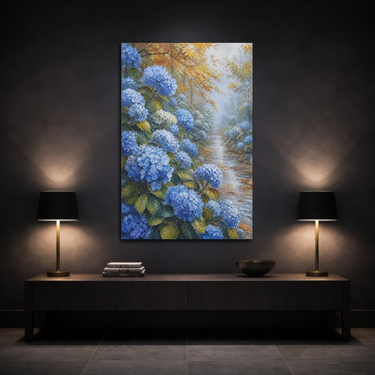 Mockup 3. Blue Hydrangea Garden Path shown as canvas print