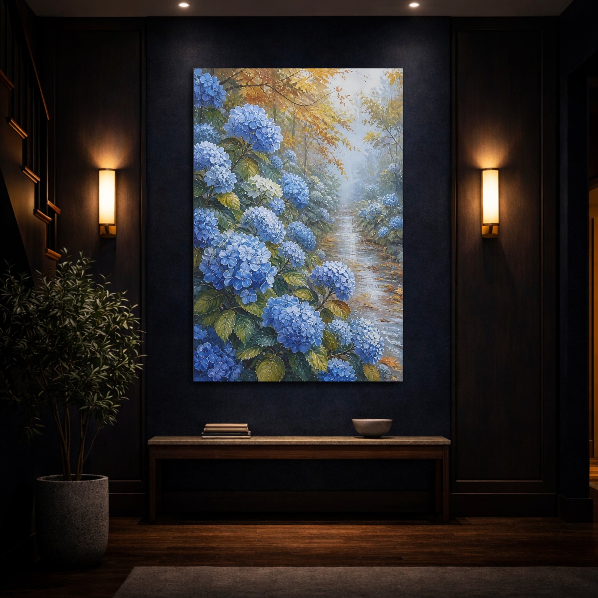 Mockup 4. Blue Hydrangea Garden Path shown as canvas print