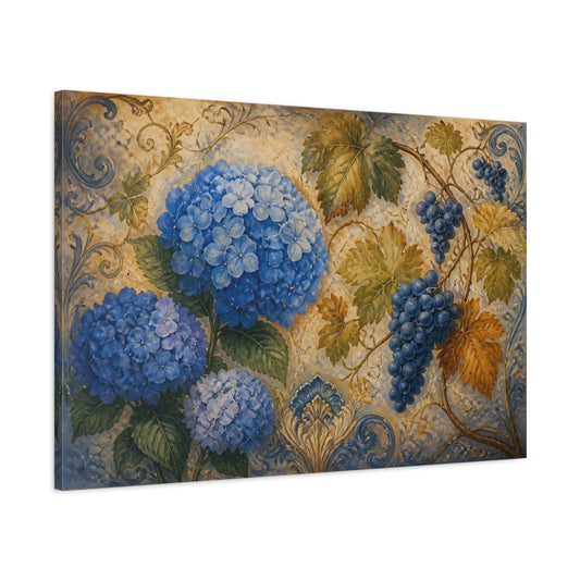Main Mockup. Blue Hydrangeas & Grapes shown as canvas print