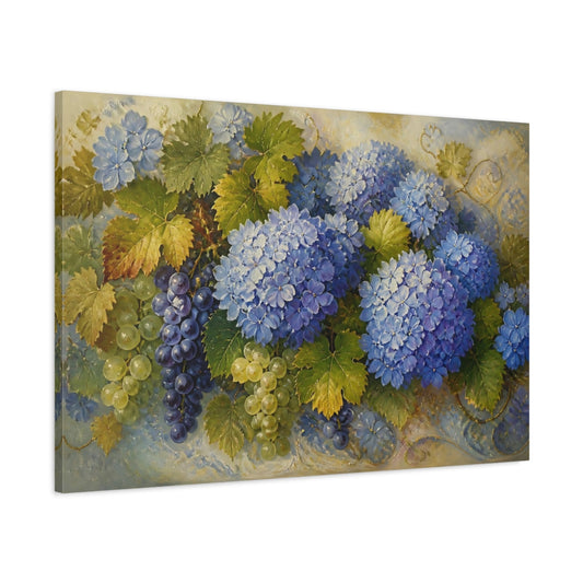 Main Mockup. Blue Hydrangeas And Grapes shown as canvas print