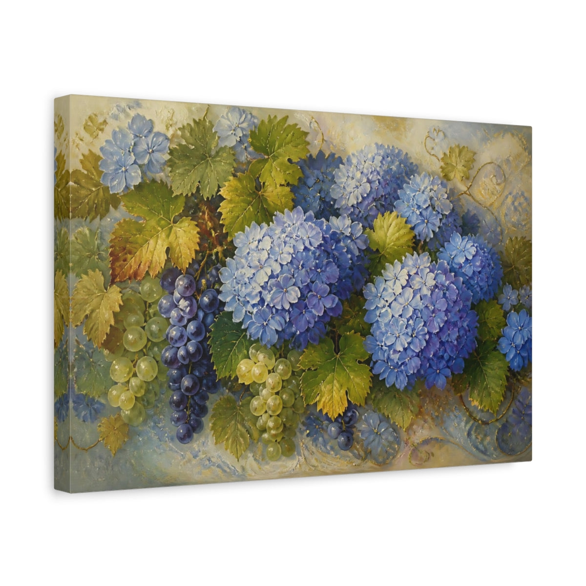 Side Mockup 4. Blue Hydrangeas And Grapes shown as canvas print