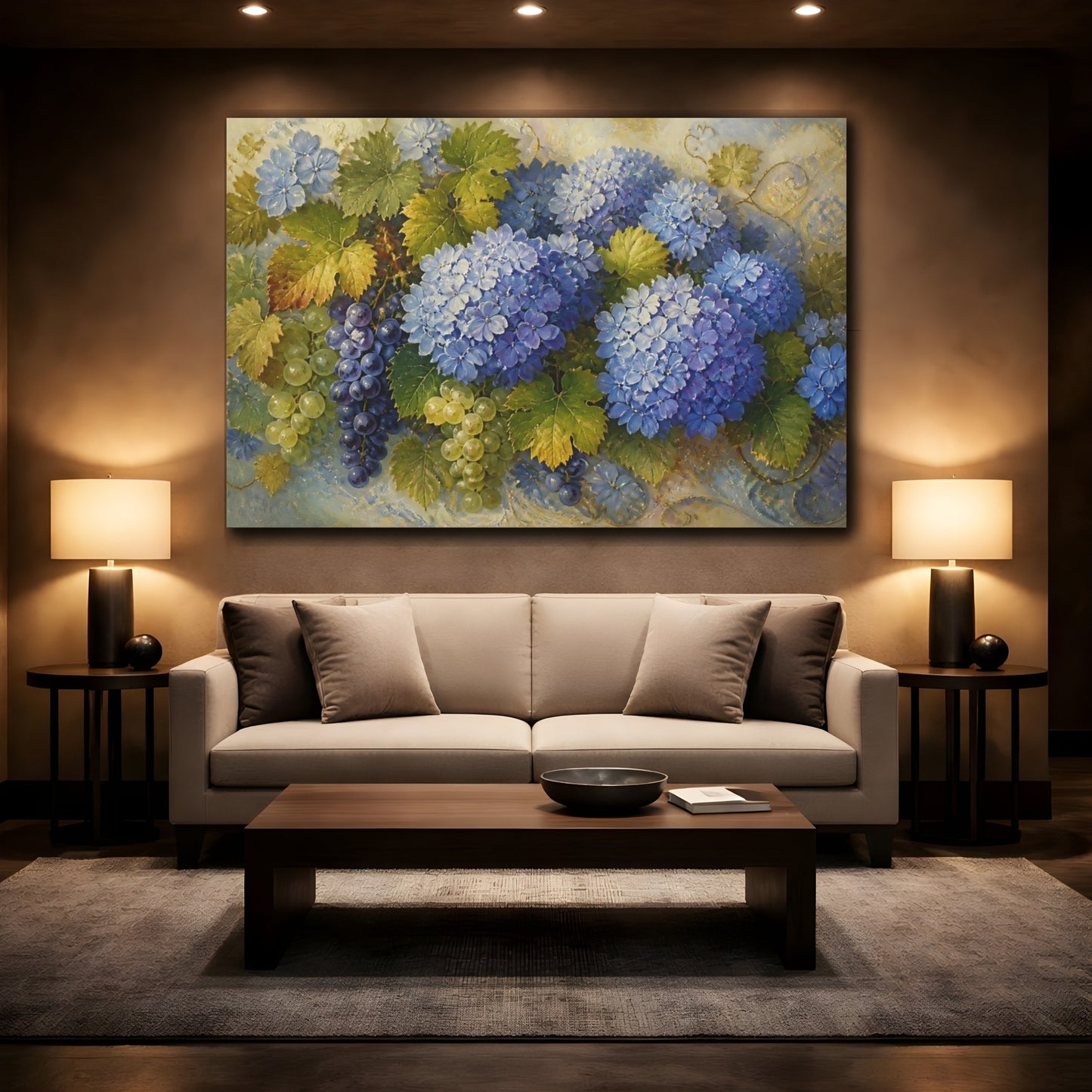 Mockup 2. Blue Hydrangeas And Grapes shown as canvas print