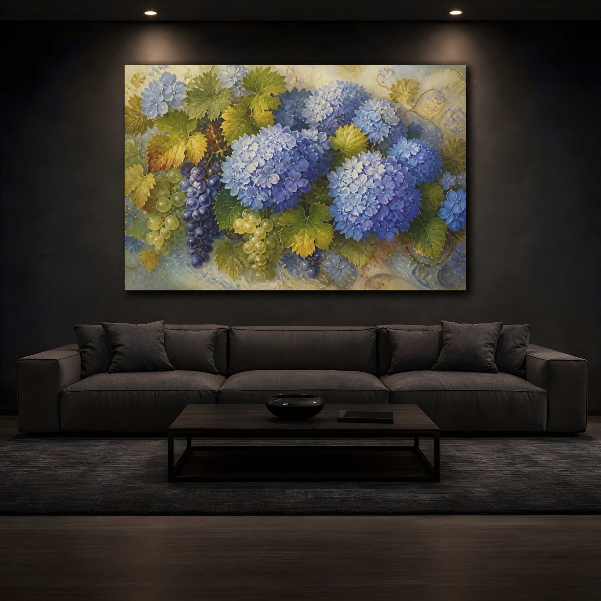 Mockup 3. Blue Hydrangeas And Grapes shown as canvas print