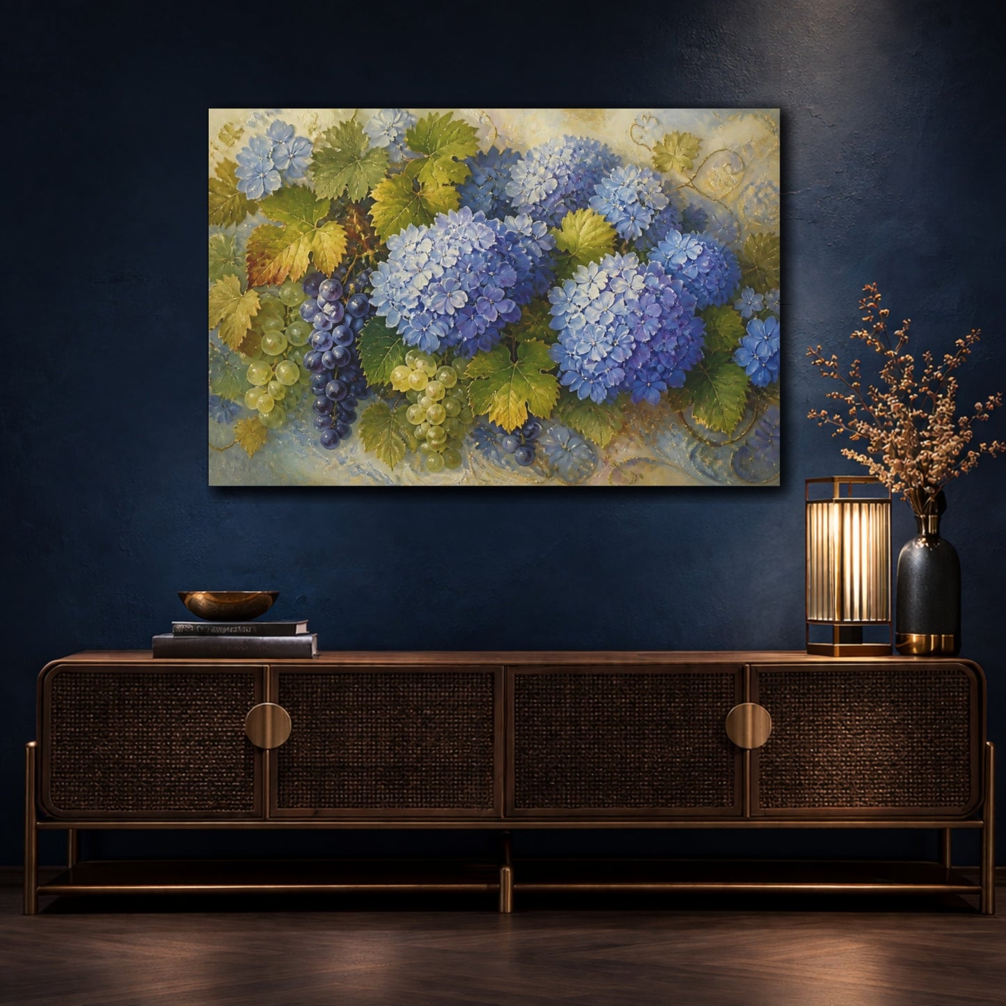 Mockup 4. Blue Hydrangeas And Grapes shown as canvas print