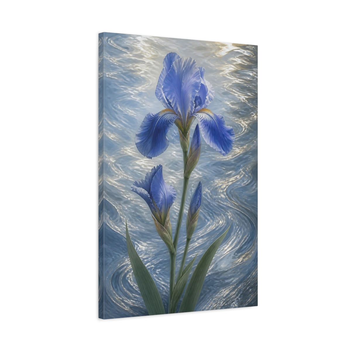 Side Mockup 2. Blue Iris Flowers shown as canvas print