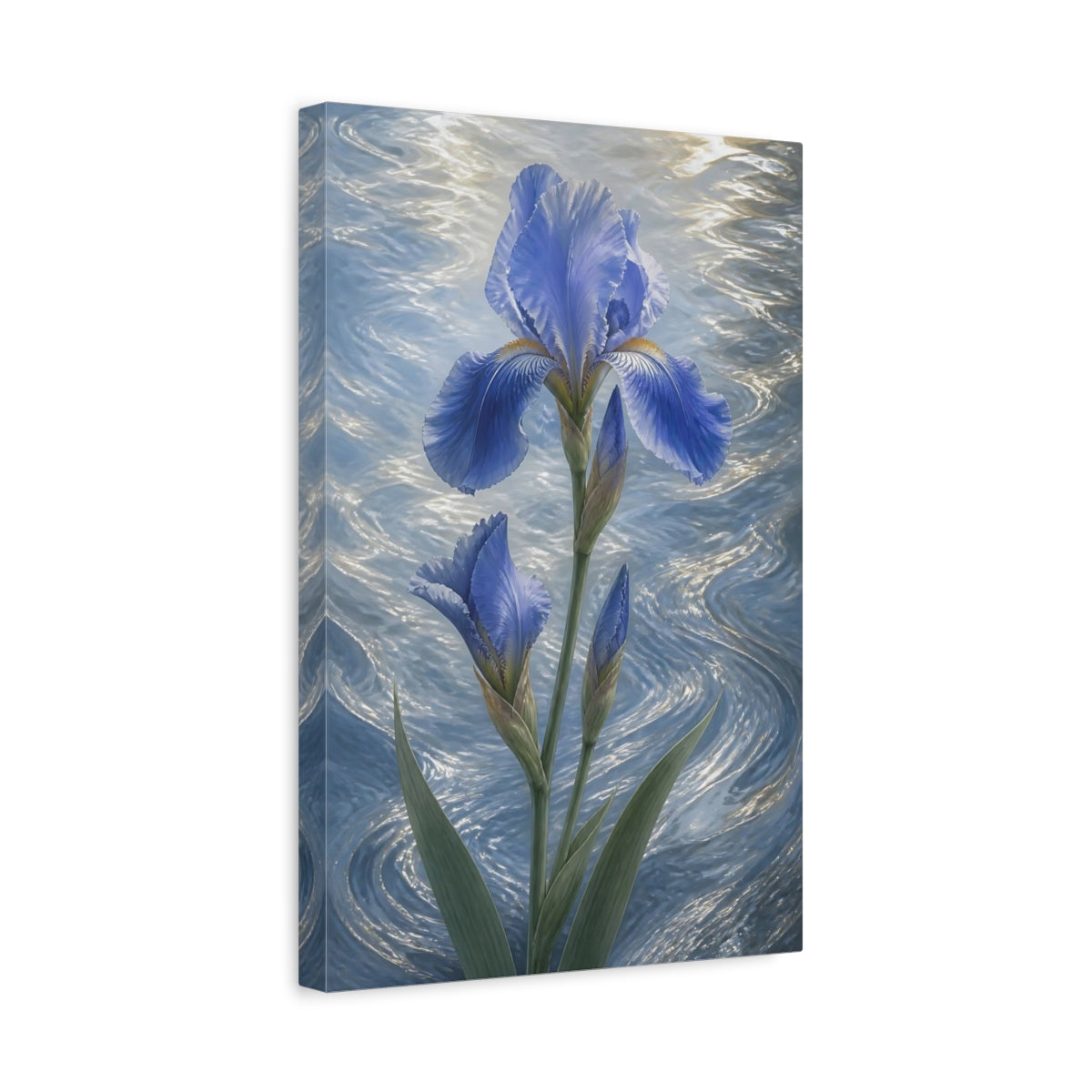 Side Mockup 4. Blue Iris Flowers shown as canvas print