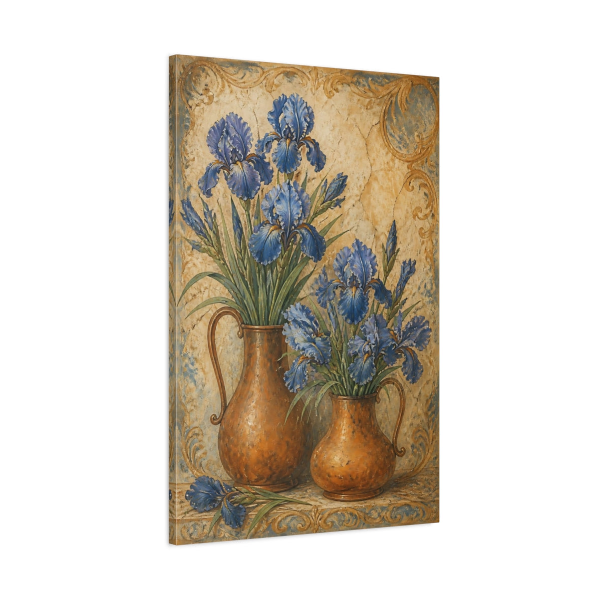 Main Mockup. Blue Iris Flowers In Copper Pitchers shown as canvas print