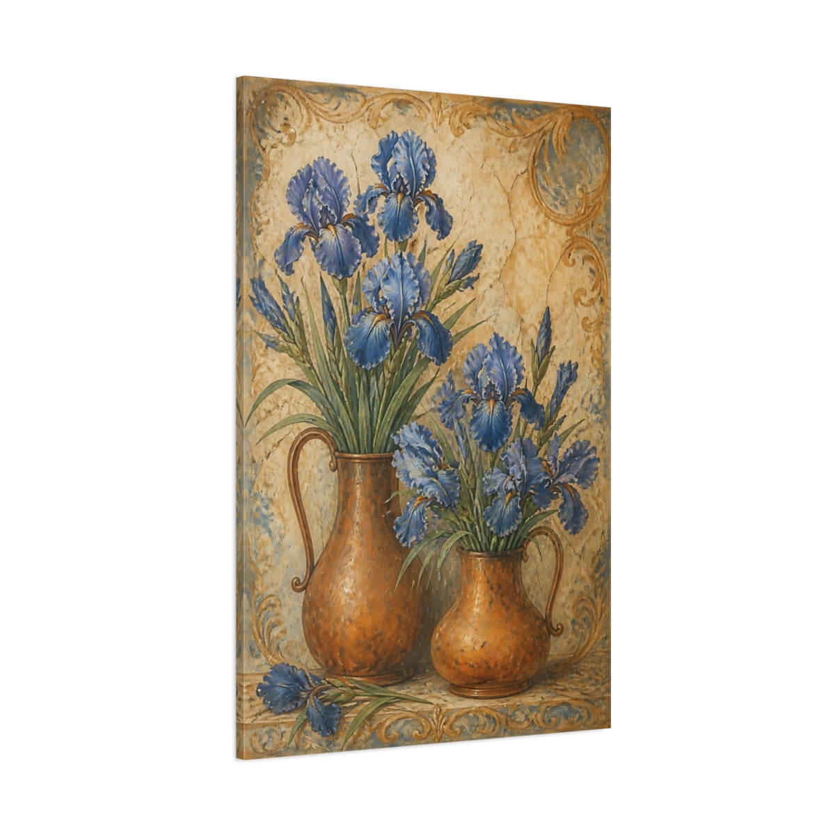 Side Mockup 1. Blue Iris Flowers In Copper Pitchers shown as canvas print